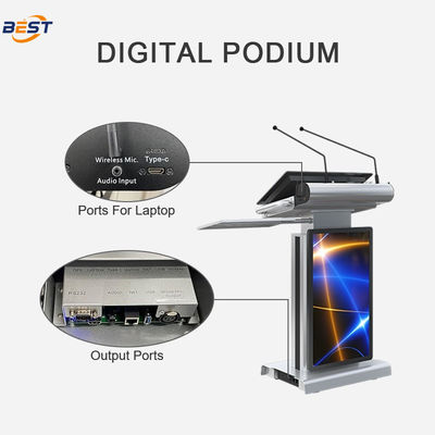 Elektrisch aangedreven multimedia podium met 23,6 inch touch AIO en roestvrij staal & luchtvaart aluminium smart lecttern