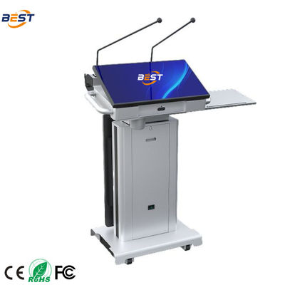 Smart Multimedia Podium met instelbare schermhoek 10-40°, maximale hefhoogte 150mm en optioneel 32 inch Smart Kiosk scherm