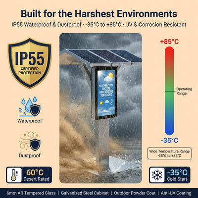 Solar Powered LED-advertentie-display met 1500-2000 nit zonlicht leesbaar, LiFePO4 batterij en IP55 bescherming