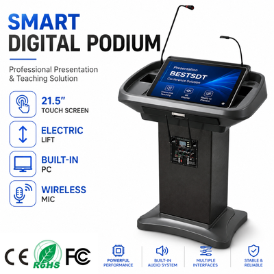 Smart Digital Podium Motorized Lift 21,5 inch Capacitive Touch Display Geïntegreerde luidspreker Draadloze microfoon Lectern