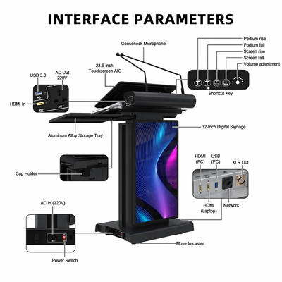 Zwart Hoog Helderheids Slim Podium 23,6 Duim4k PCAP Touch screen 32 Duim Voorsignage Lessenaar voor Conferentie