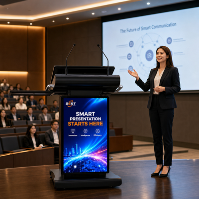 Zwart Slim Digitaal Podium 23,6 Inch Touchscreen Lessenaar 32 Inch Bewegwijzering Elektrische Lift voor Kerk School Conferentie