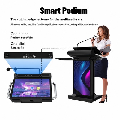 Zwart Slim Digitaal Podium 23,6 Inch Touchscreen Lessenaar 32 Inch Bewegwijzering Elektrische Lift voor Kerk School Conferentie