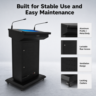 Mobiele elektronische podium 43 inch portret display 21,5 inch capacitieve touchscreen vergrendeling casters