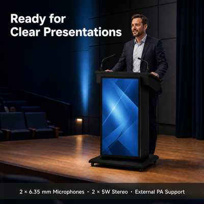 Dual Screen Smart Podium HDMI Input USB Multi Screen Display 2 Gooseneck Microphones PA-ondersteuning