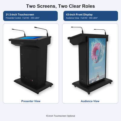 Vloerstaande Digitale Lessenaar 43 Inch Voorpaneel 21,5 Inch Touchscreen voor Trainingsruimtes