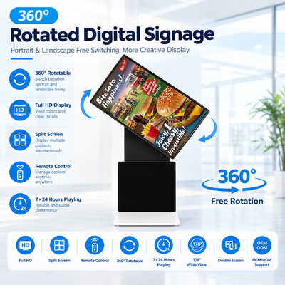 360 graden draaibare vloer staande digitale borden 43 50 55 65 inch 4K Android Windows touchscreen