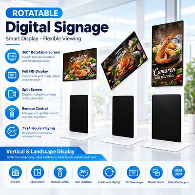 360 graden draaibare vloer staande digitale borden 43 50 55 65 inch 4K Android Windows touchscreen