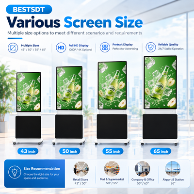 360 graden draaibare vloer staande digitale borden 43 50 55 65 inch 4K Android Windows touchscreen